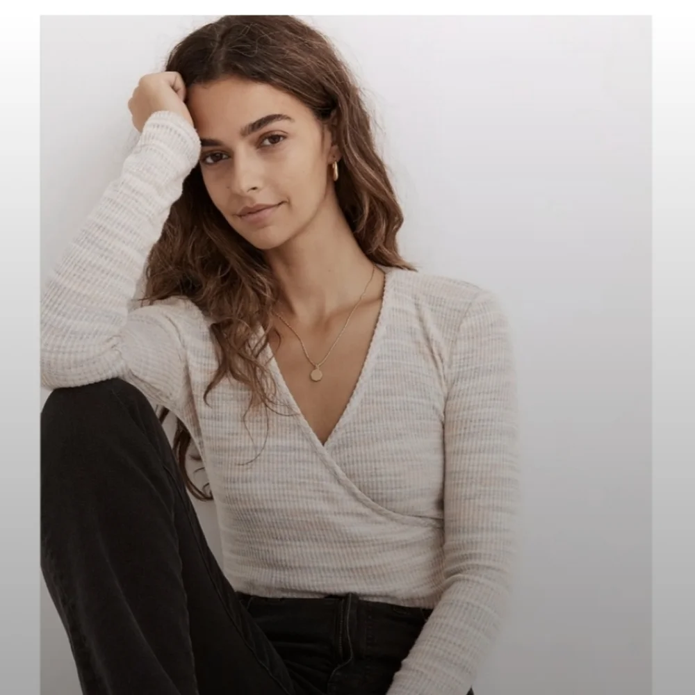 Madewell Space Dye Faux Wrap Top L Knit Long Sleeve Preppy 70s Academia #1010 - Picture 3 of 14